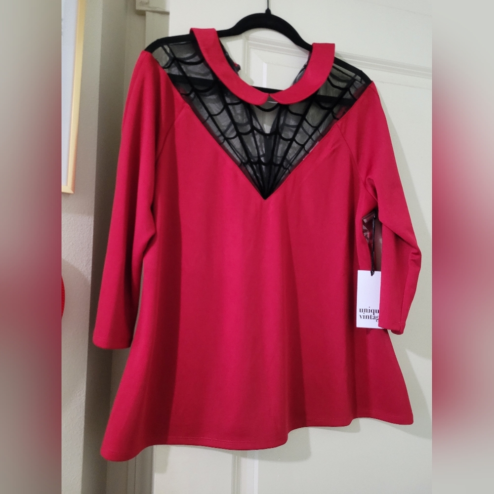 Unique Vintage Scarlet Blouse with Black Spiderweb Mesh In 2X